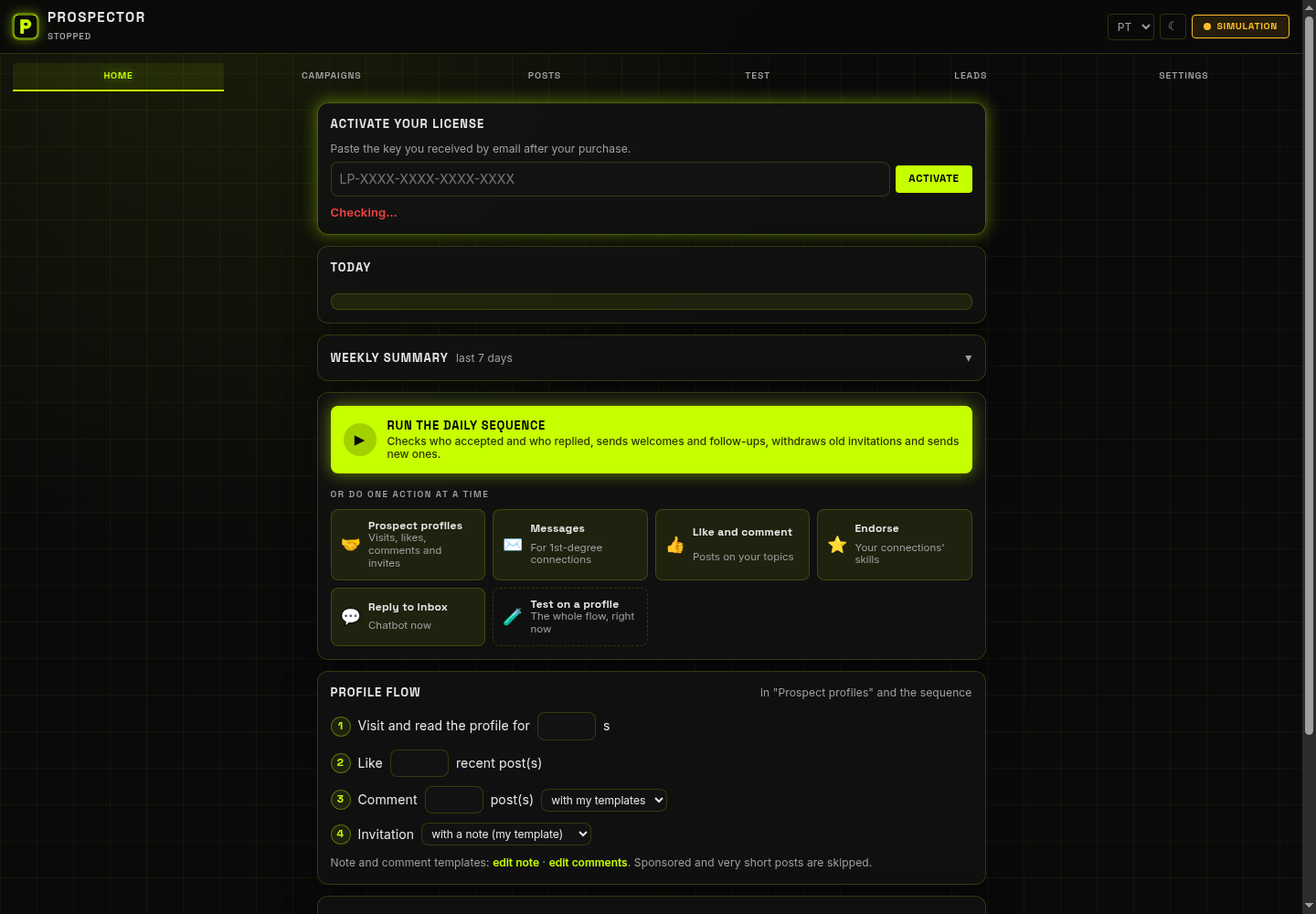 Prospector Turbo dashboard showing license activation and daily sequence controls